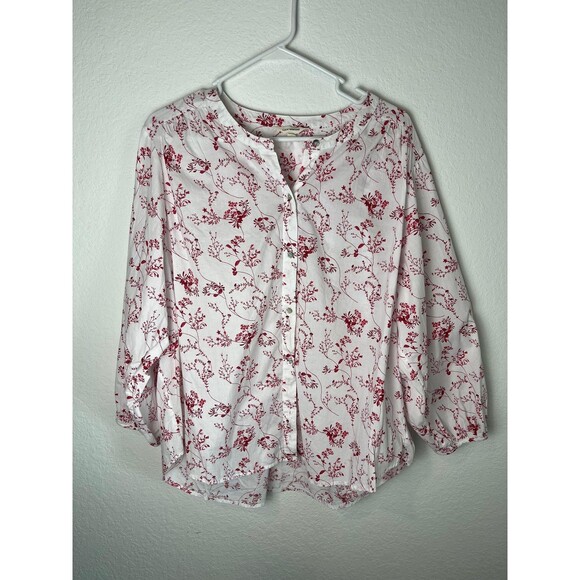 Lucky Brand Shirt Womens XL White Red Floral Button Up Long Sleeve Boho Top - Picture 1 of 7